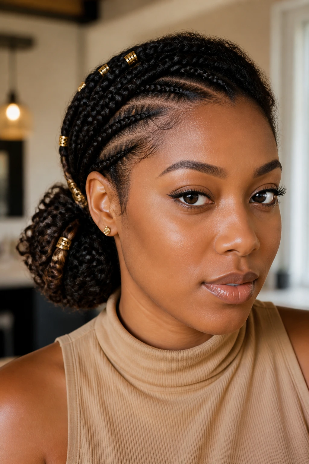 Real woman with beaded side braid bun and curled ends in a bright interior.