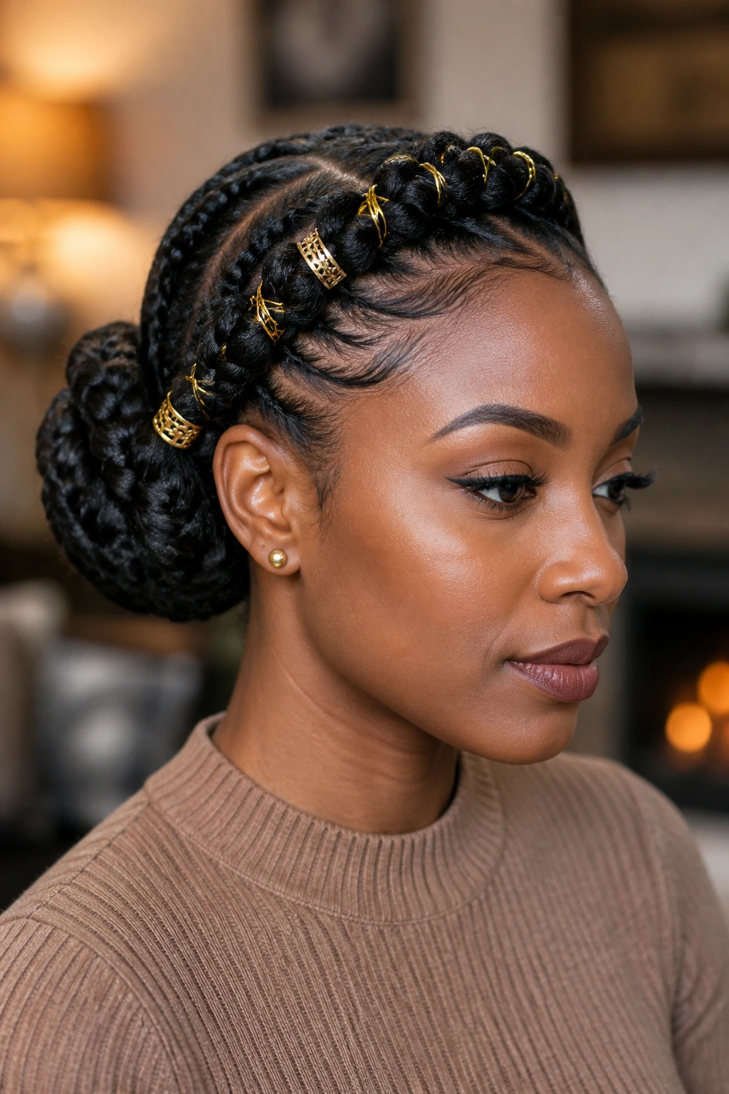 Real woman with a side-swept bun adorned with gold cuffs and hair threads.