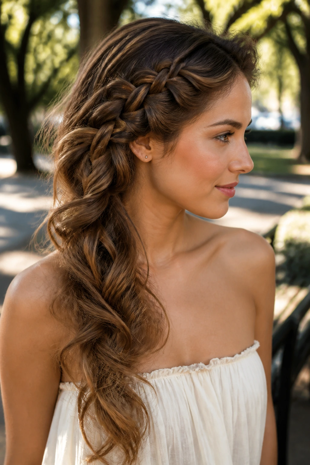 Portrait of a real woman with a side braid cascading into waves over the shoulder