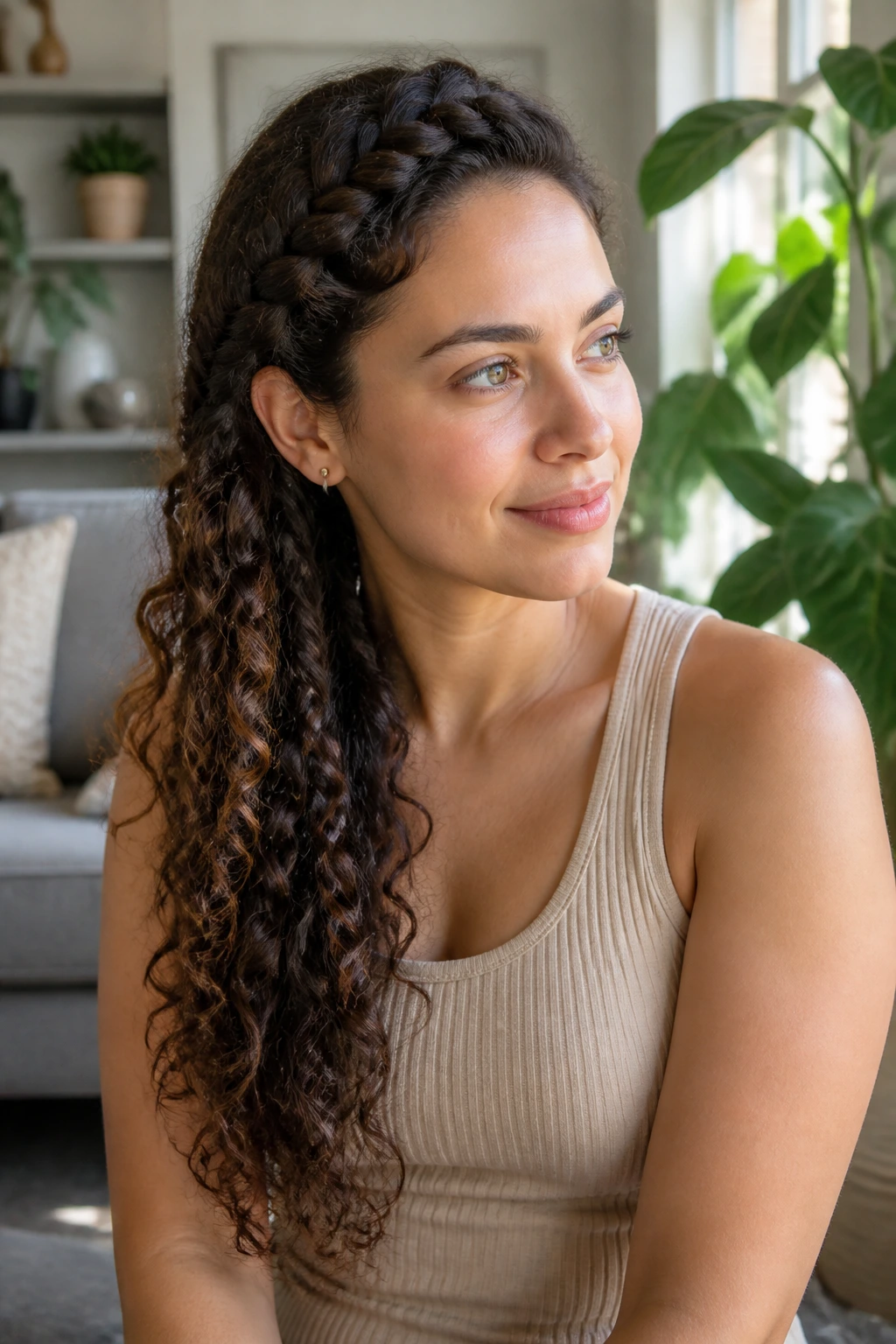 Three-quarter view of a woman with a side braid and free-flowing curls