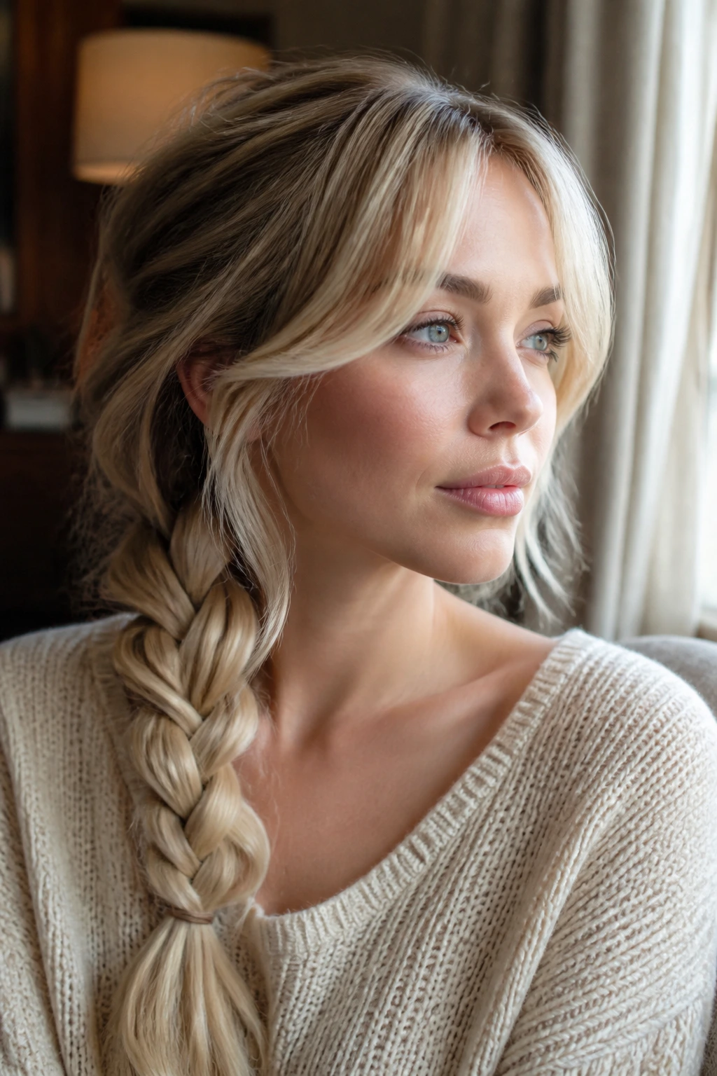 Close-up of side braid with curtain bangs on a real woman.