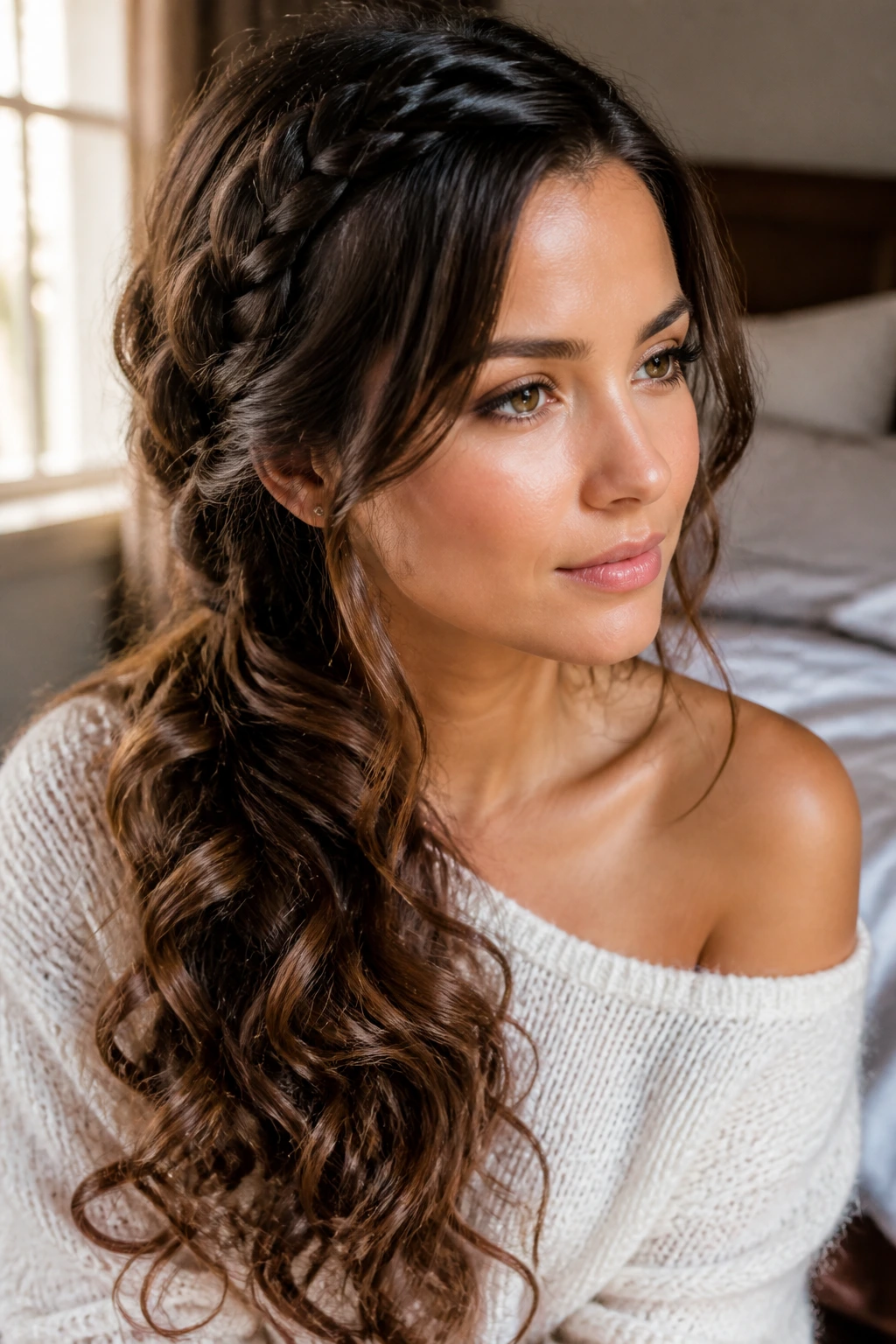 Close-up of a real woman with a side braid transitioning into curtain curls over the shoulder