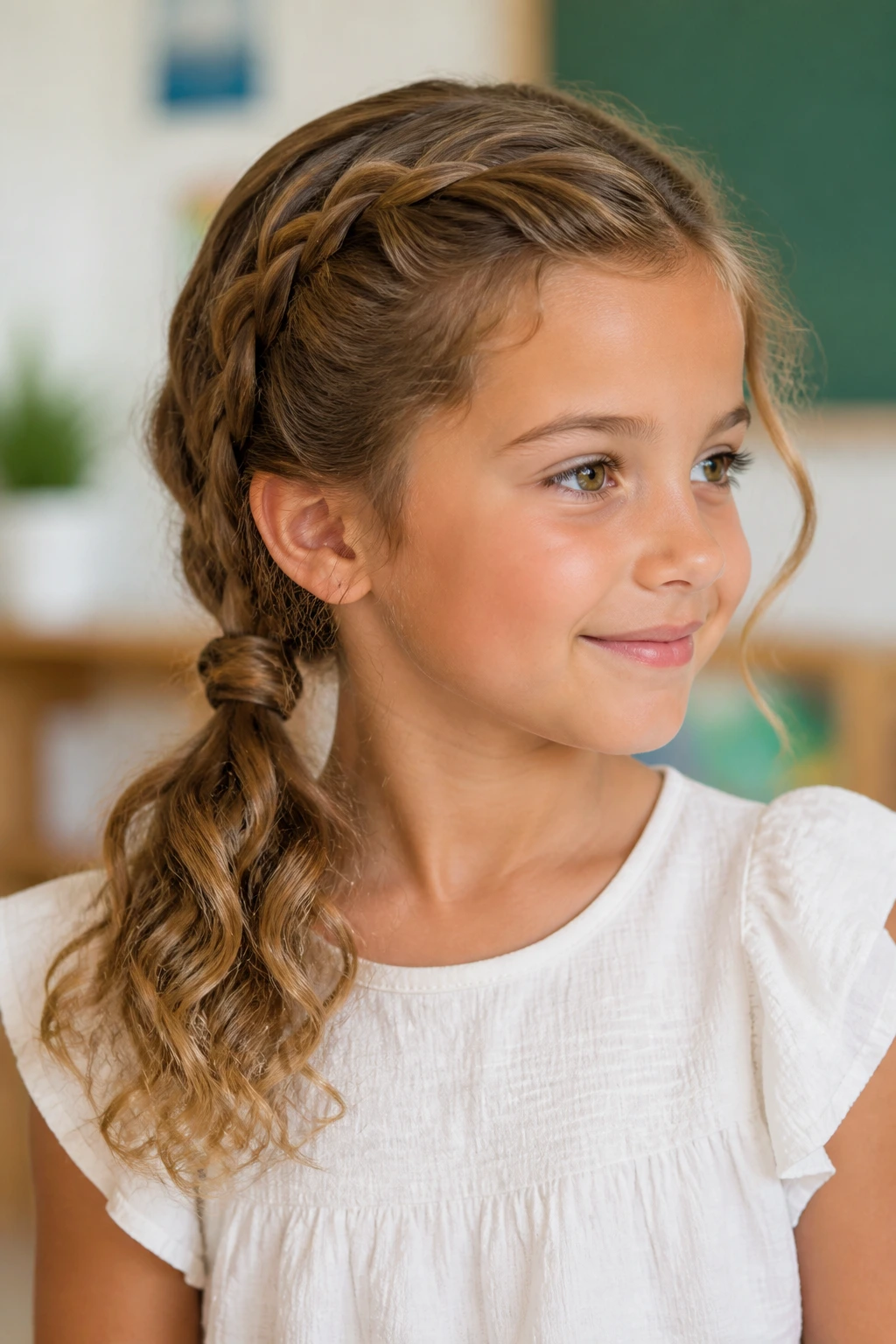 Portrait of a real child with a side braid and fluffy tail