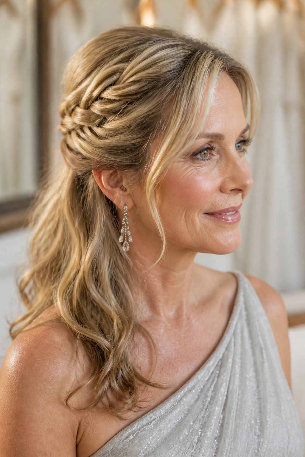 Close-up of a real woman with a side braid integrated into a half-up hairstyle