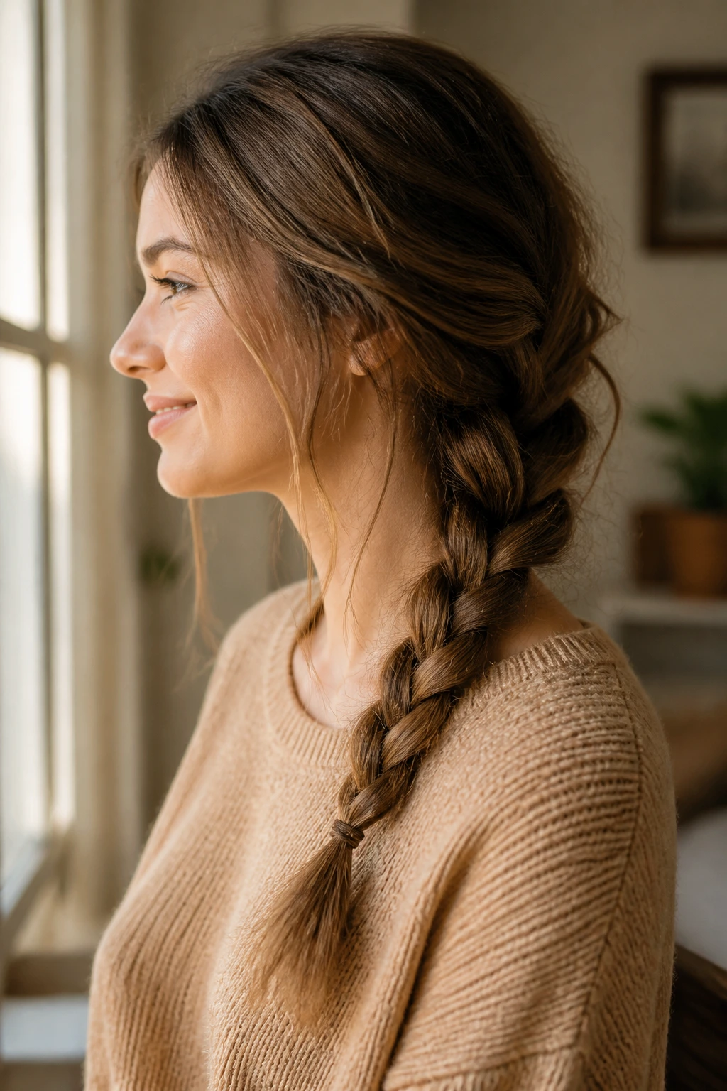Side portrait of woman with loose side braid