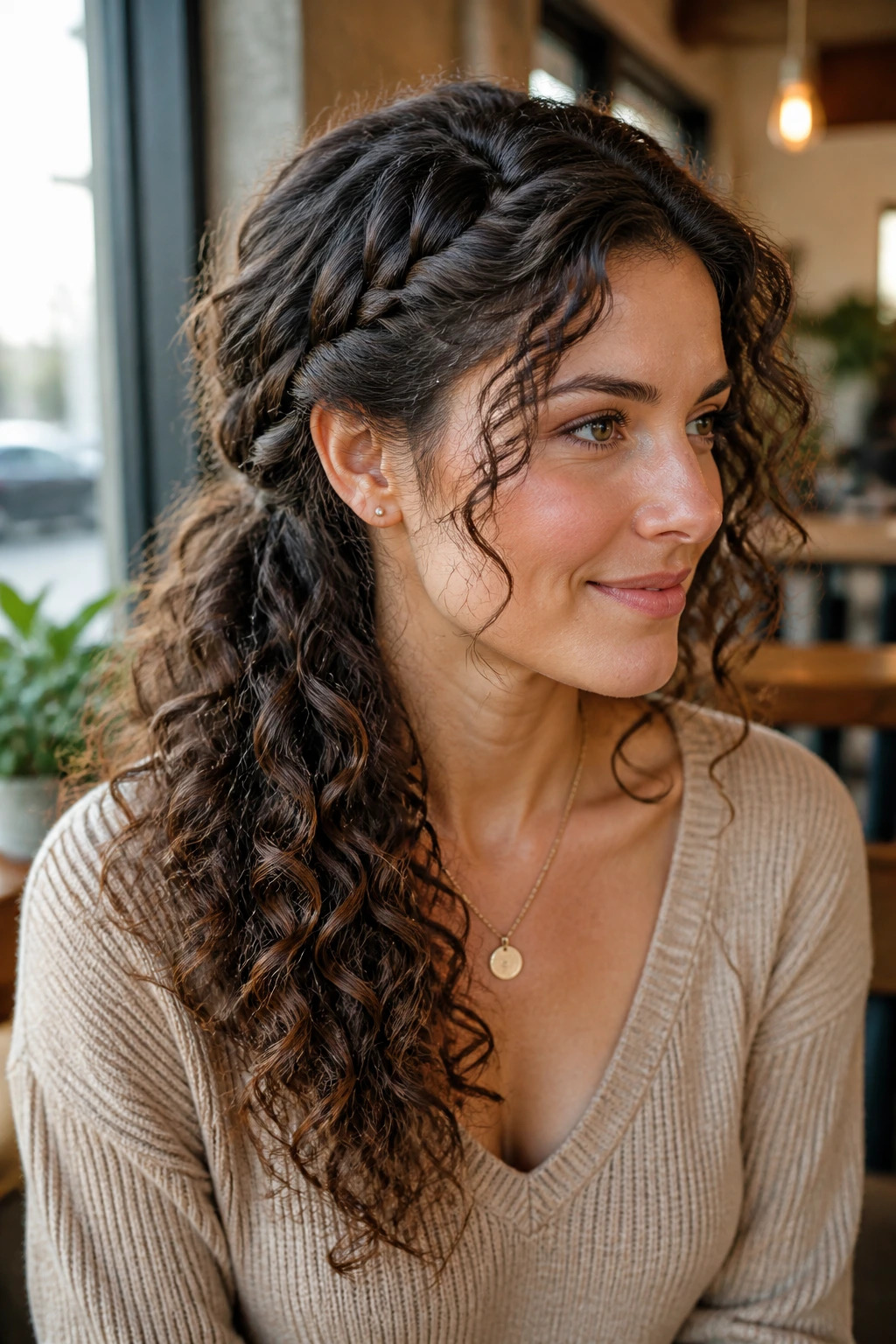 Portrait of a real woman with a side braid and loose curls at the shoulder in a cafe setting