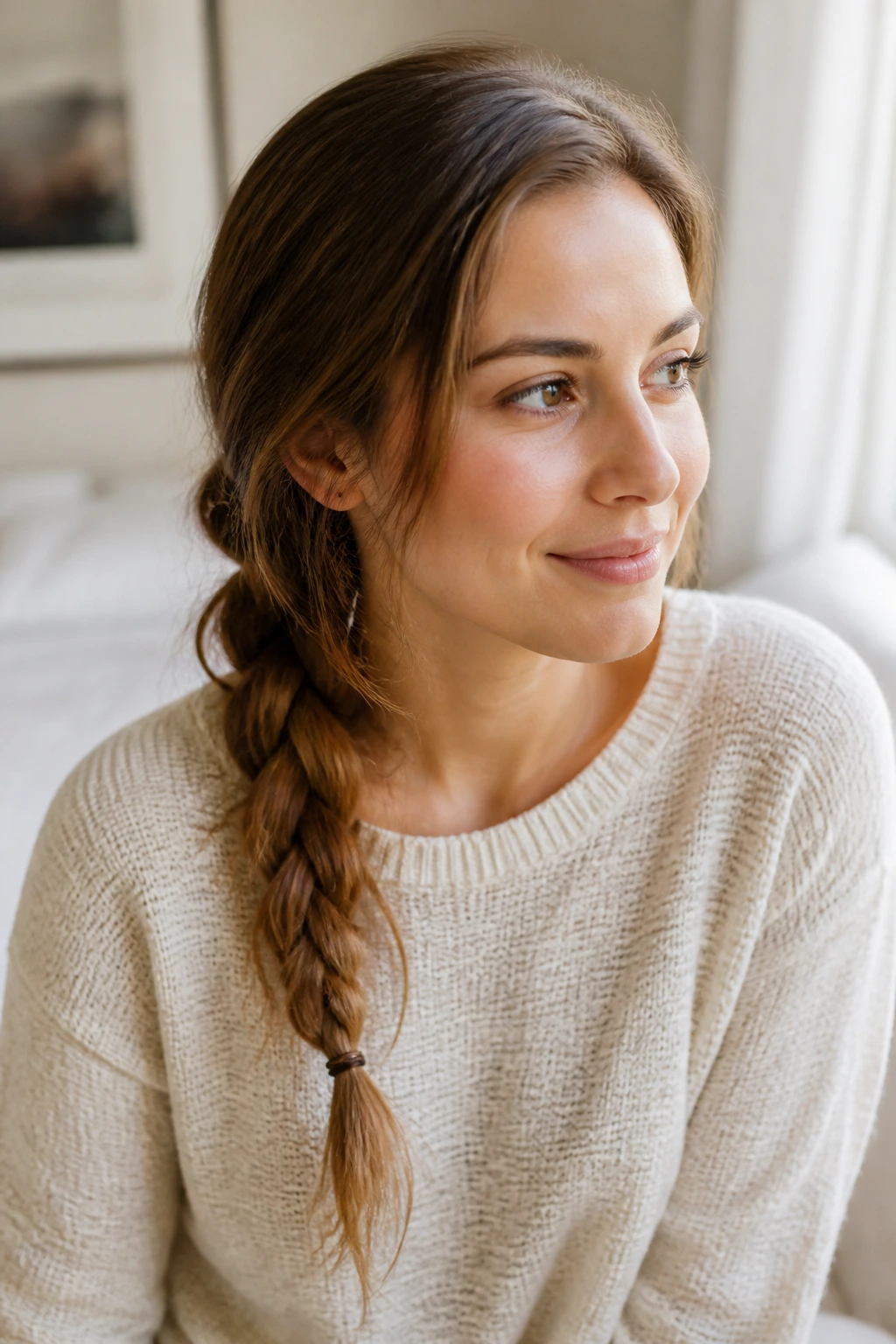 Close-up of real person with a loose side braid on fine hair.