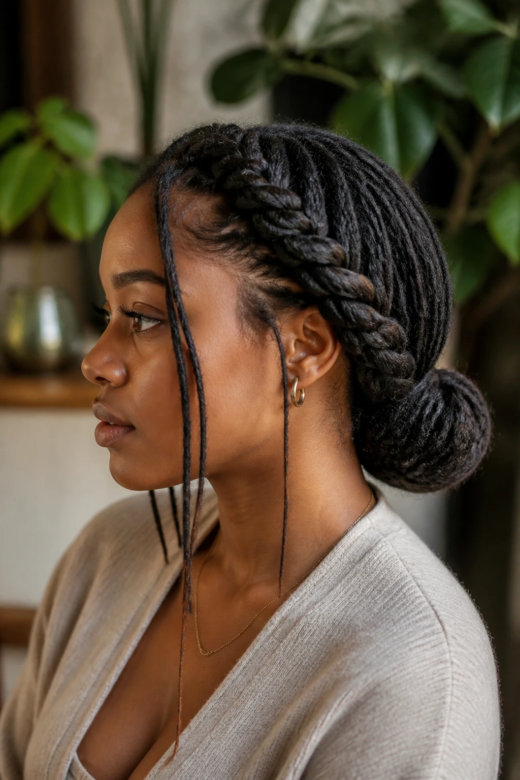Profile view with side braid into low bun
