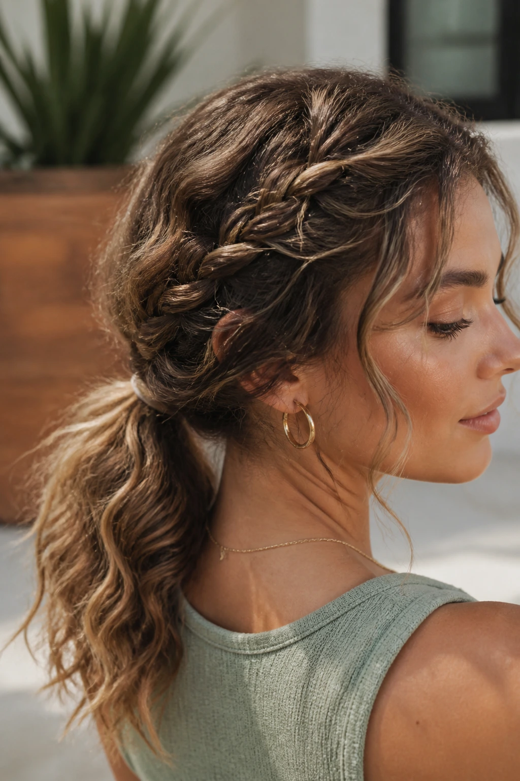 Portrait of a real woman with a side braid into a low ponytail