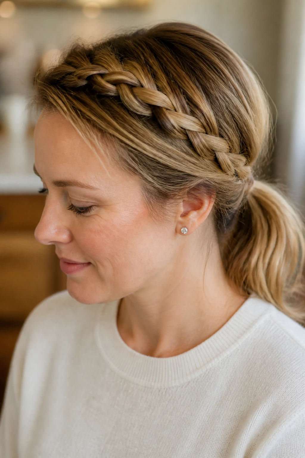 Portrait of woman with side braid feeding into low ponytail