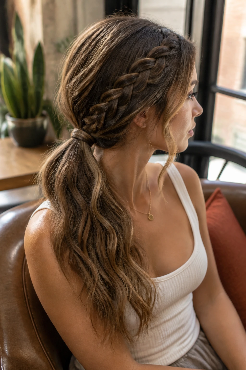 Side-profile of a real person with a side braid into a low ponytail
