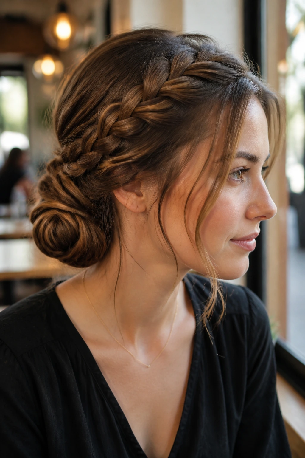 Close-up of a real woman with a side braid flowing into a low roll at the nape