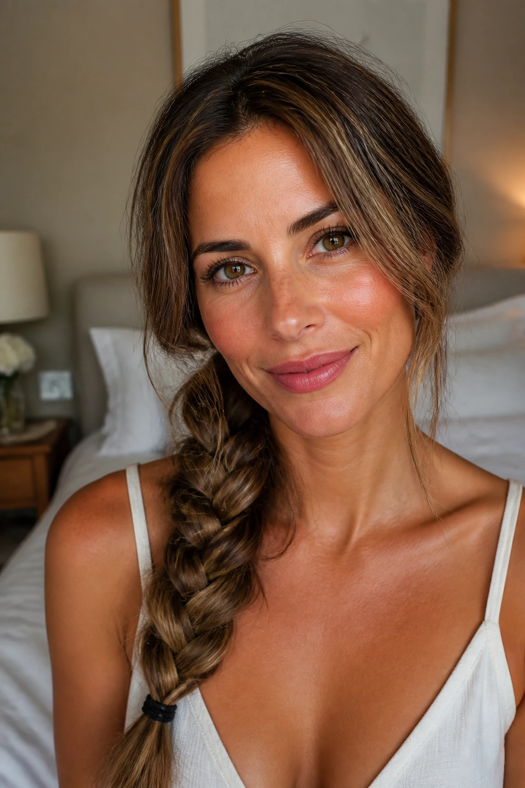 Close-up of a woman with a side braid over her shoulder with lowlights