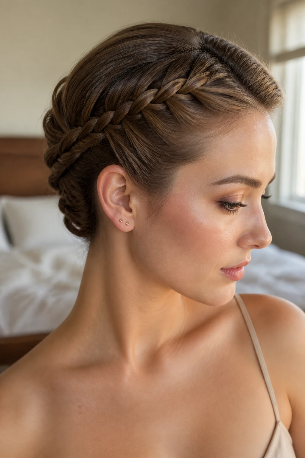 Close-up woman with side braid pinned at nape on short hair, natural window light