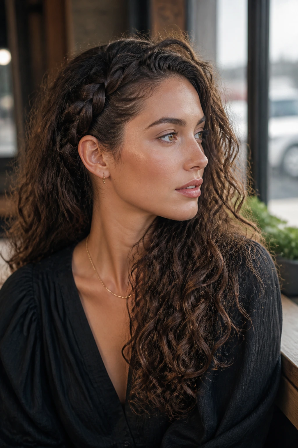 Portrait of a woman with a side braid into open length outdoors near a cafe.