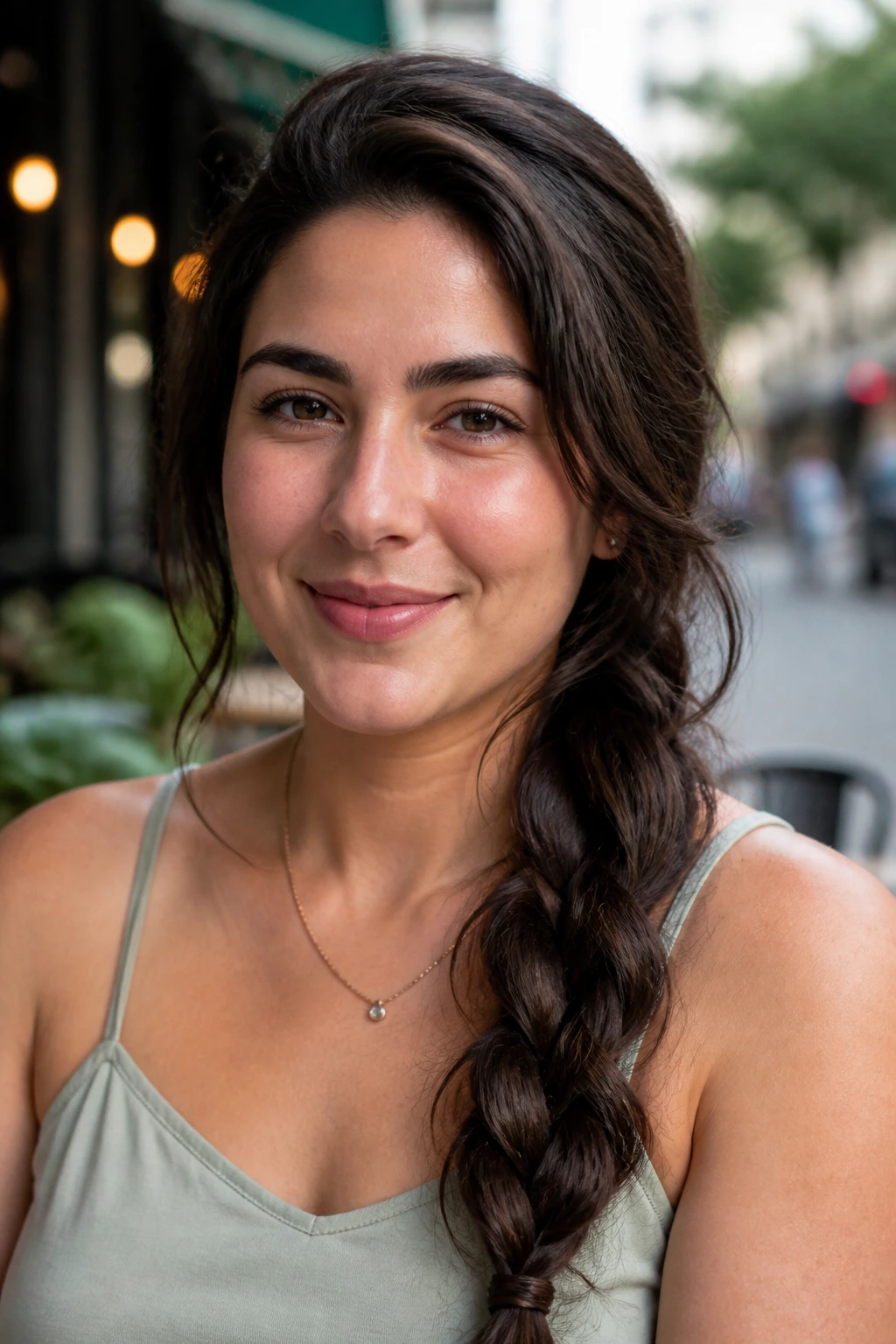 Close-up of a real woman with a side braid draped over one shoulder in daylight