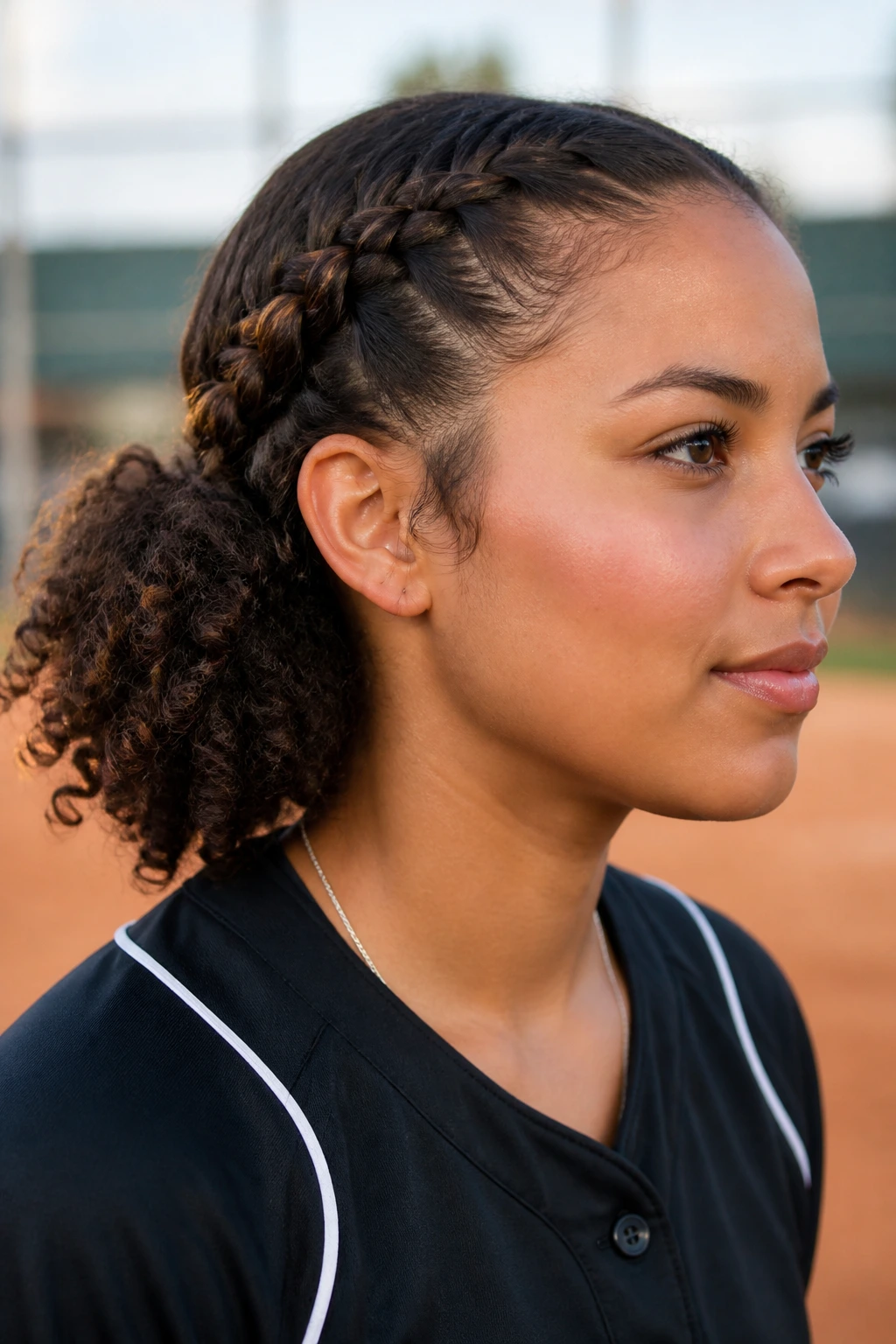 Close-up of athlete with side braid feeding into a side puff