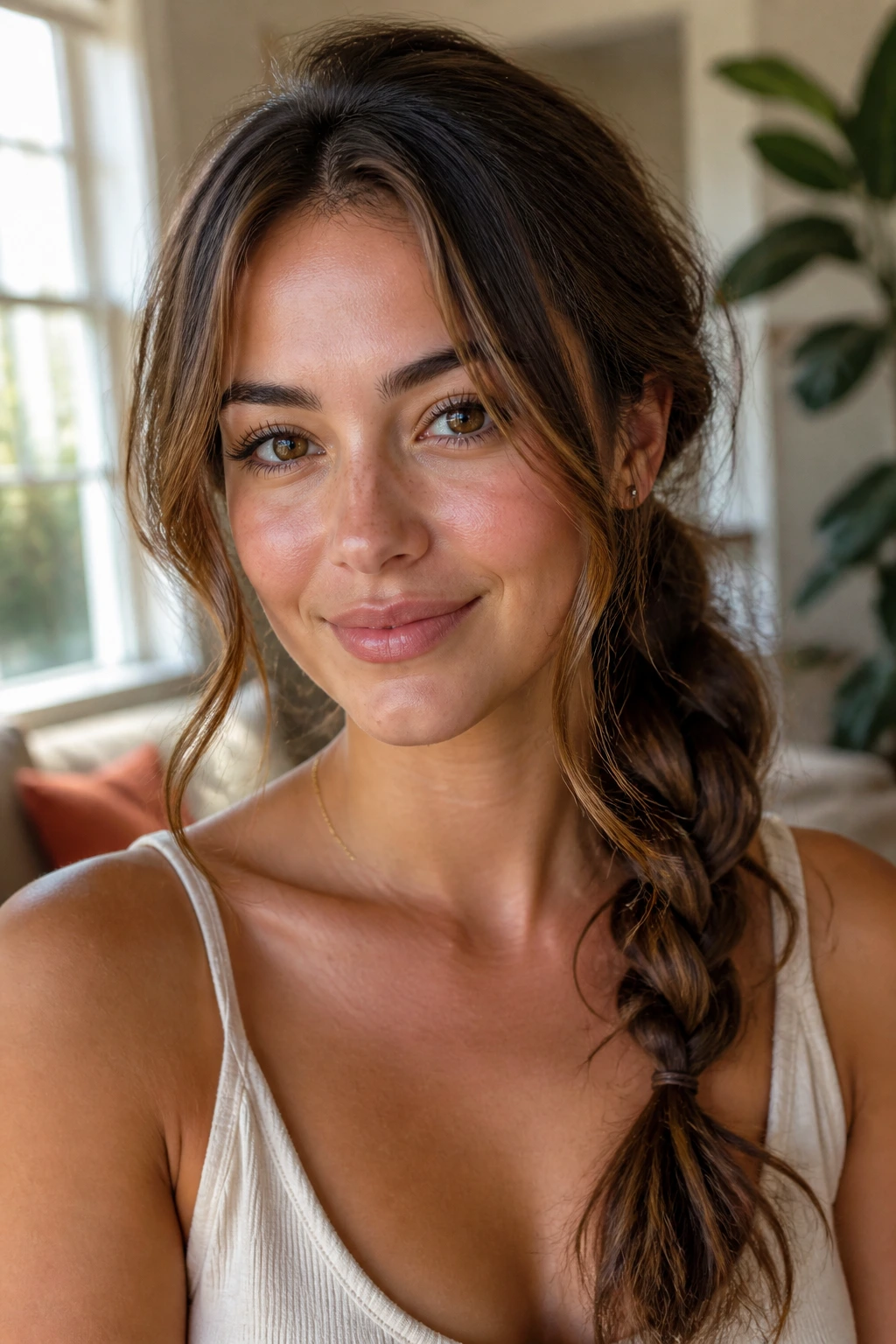Close-up of a woman with a side braid and face-framing tendrils under natural window light