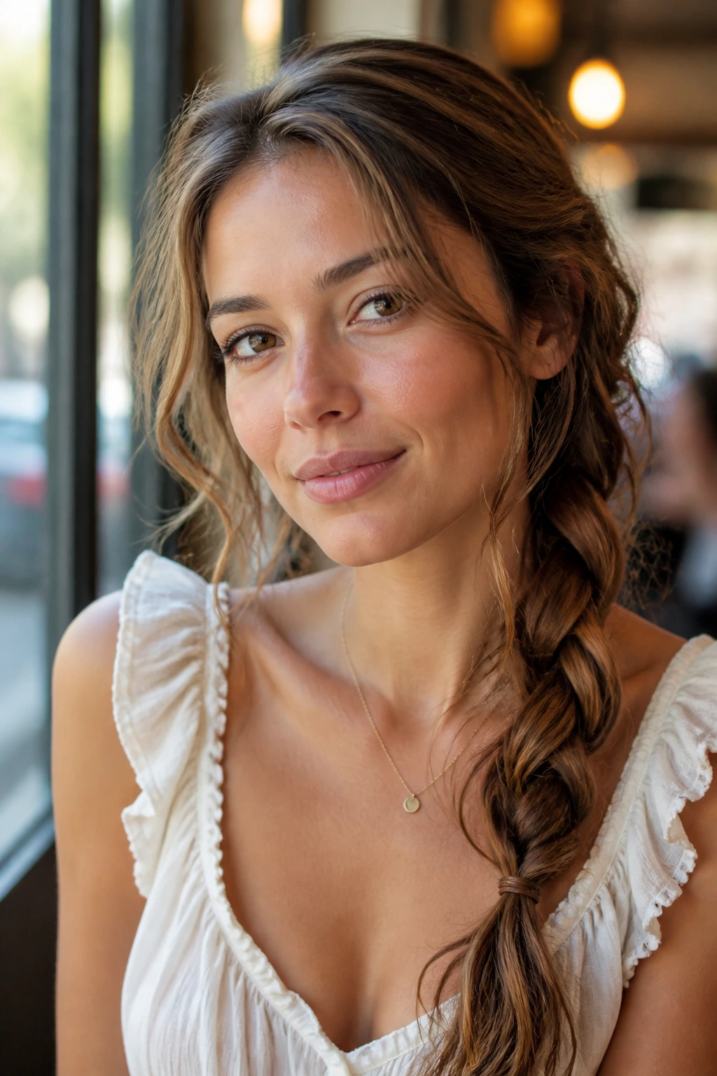 Close-up of a woman with a side braid and tendrils