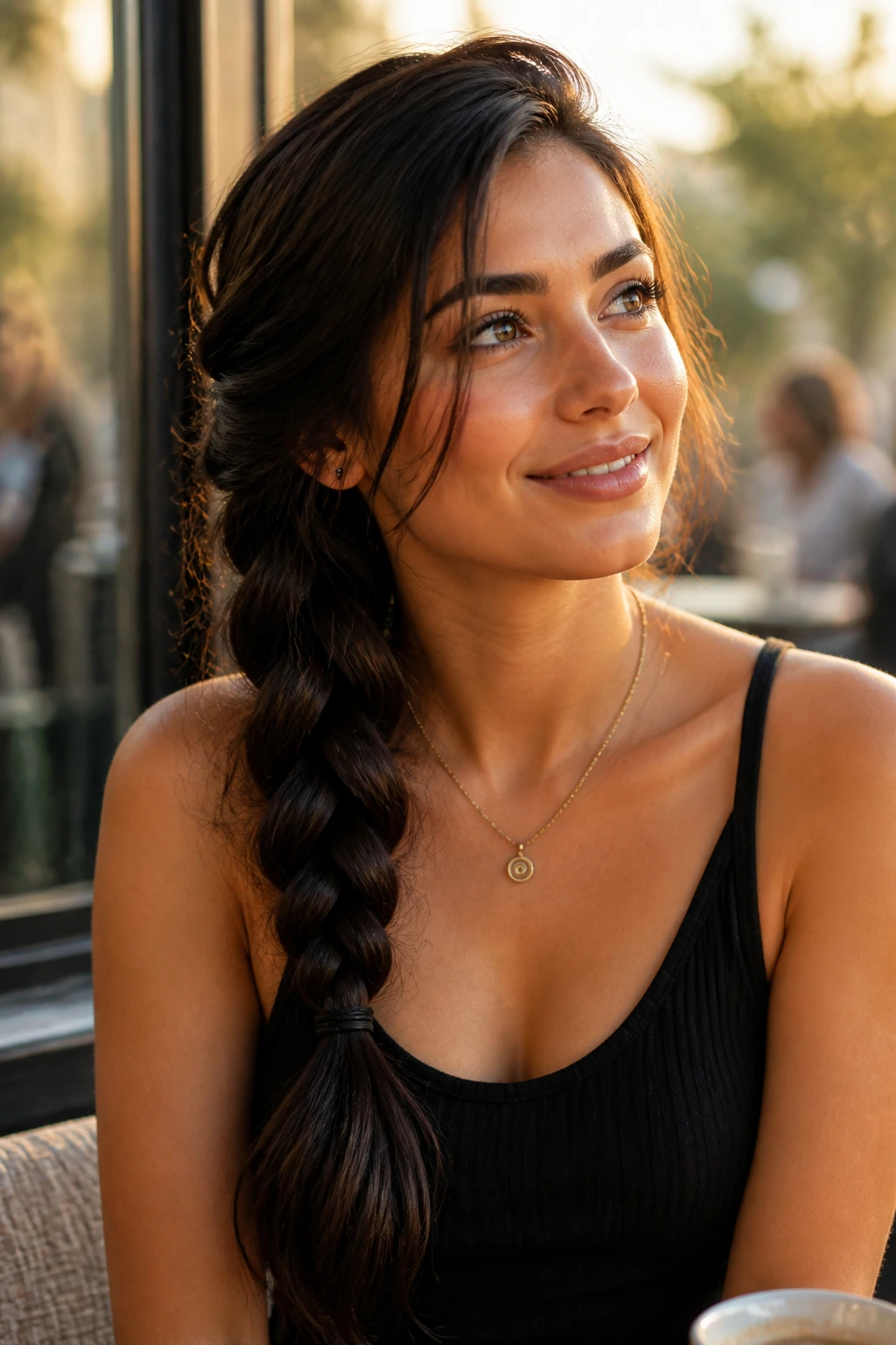 Close-up of a real woman with a side braid over one shoulder in thick hair