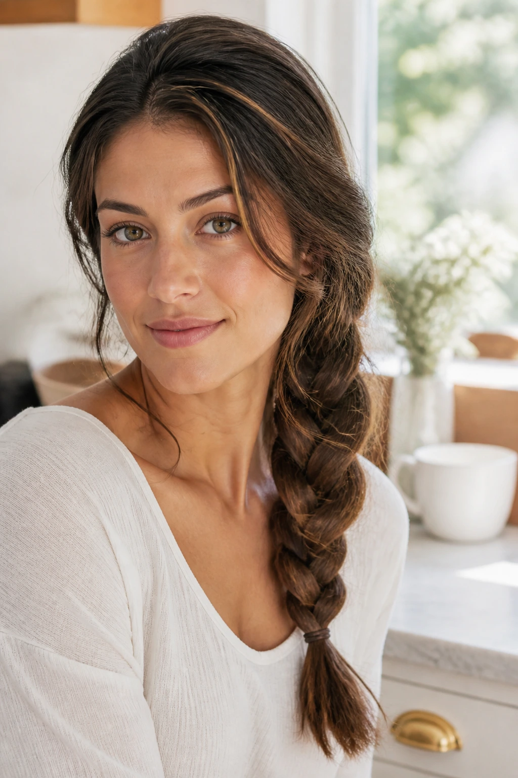 Close-up of a side braid on a real woman with loose strands