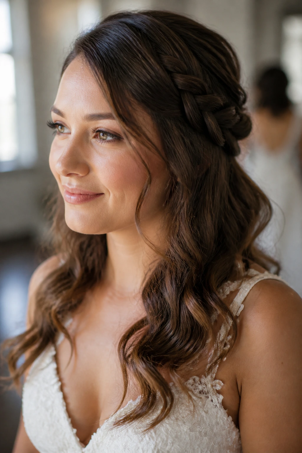 Close-up of bride with side braid tucked into soft waves