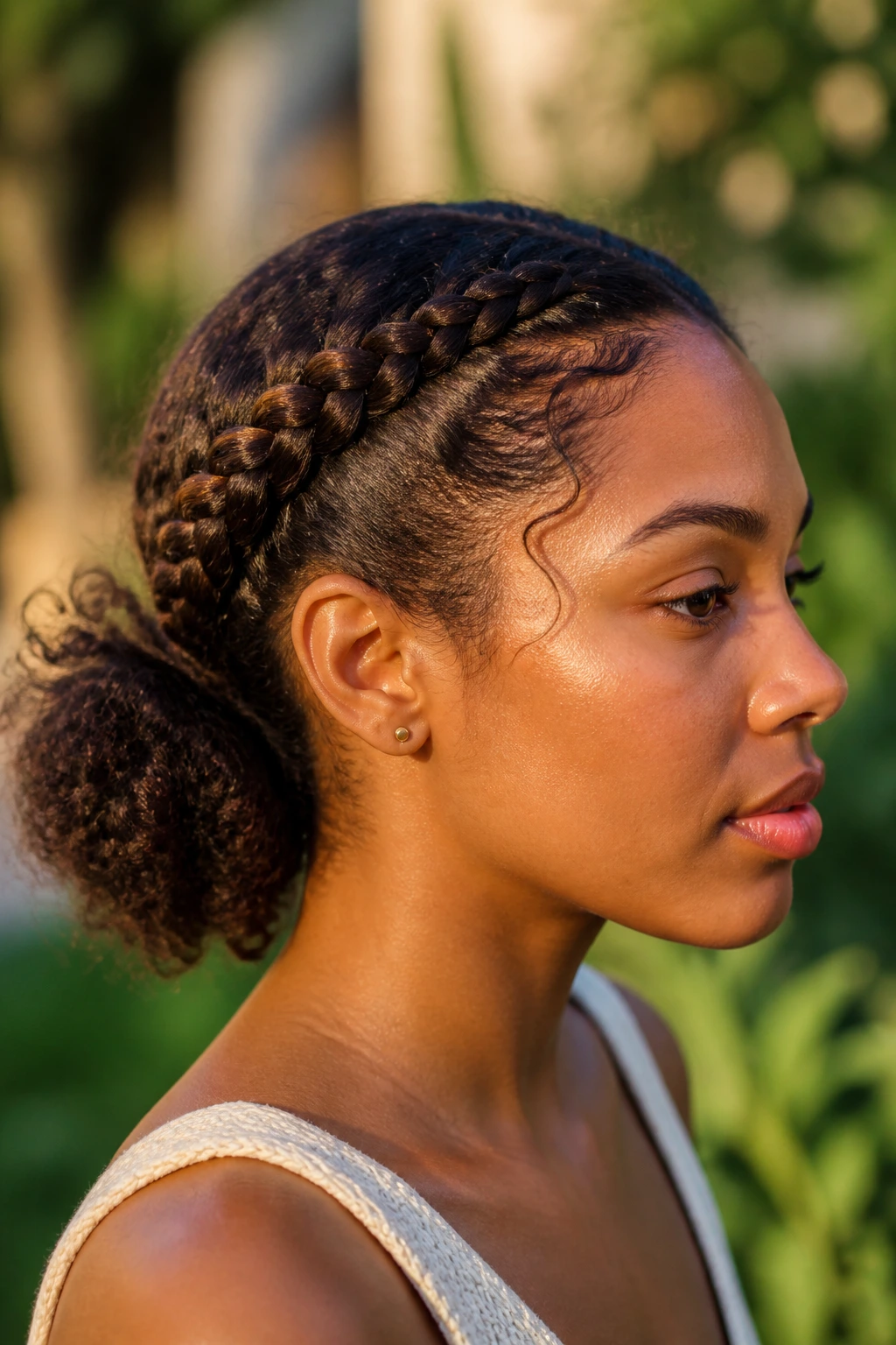 Portrait of a real woman with two side braids merging into a low puff