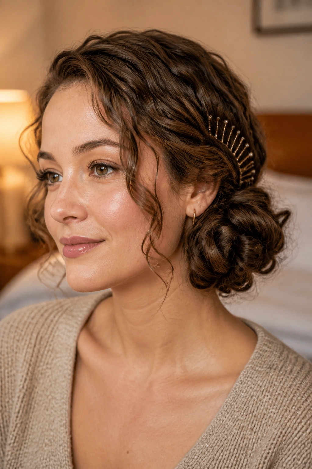 Woman with side bun and curved bobby pin arc in warm indoor setting.