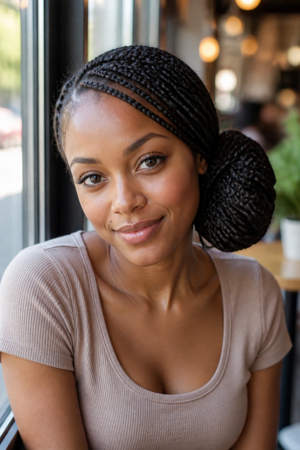 Close-up of a real woman with a side bun made from box braids in a cafe setting.