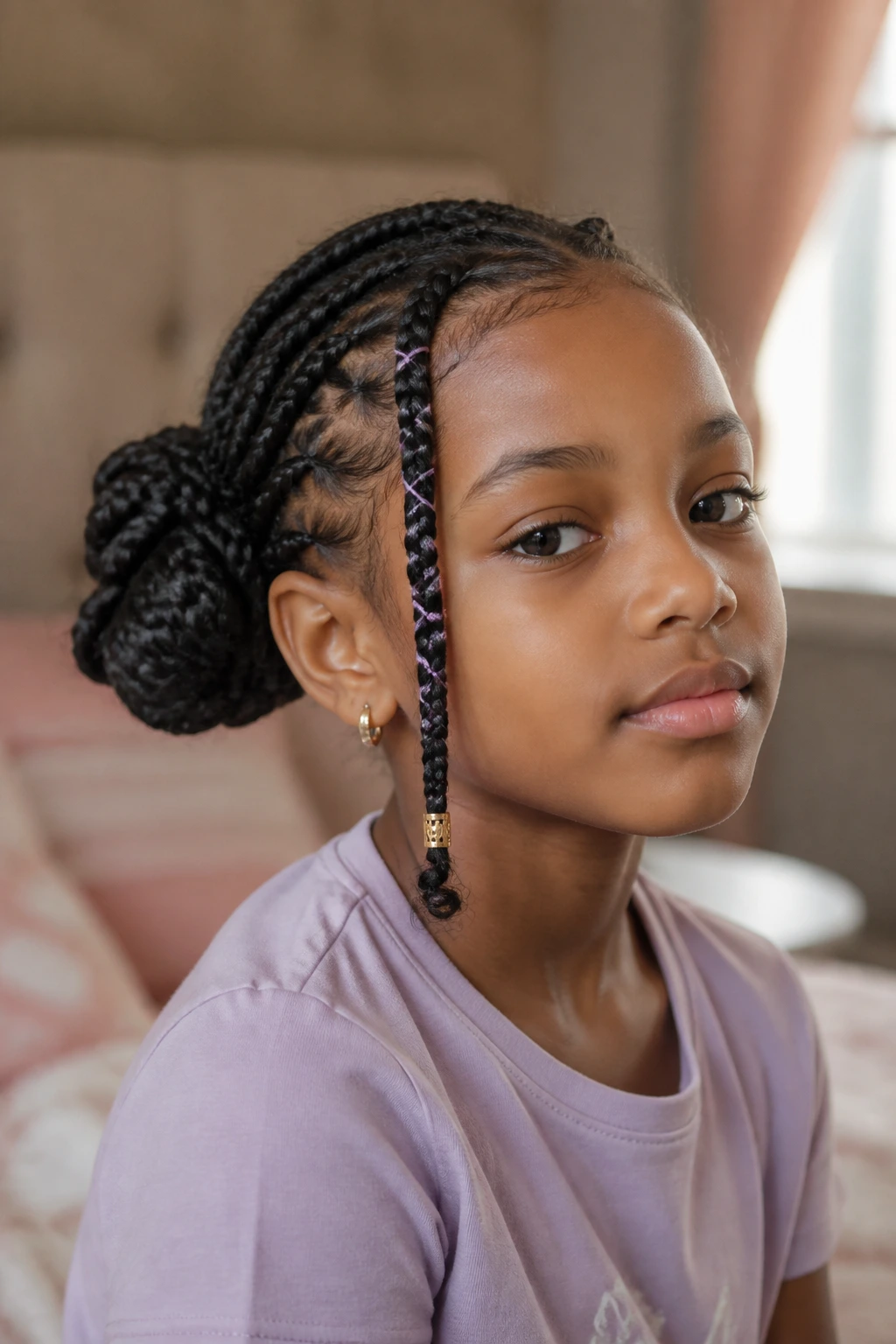 Close-up of a real young girl with a side bun and front statement braid