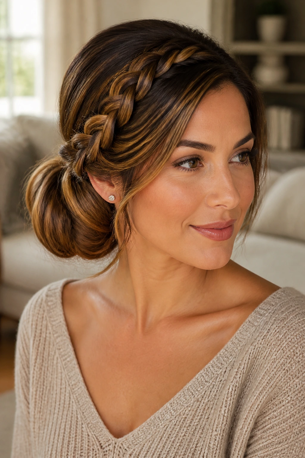 Three-quarter portrait of a woman with a side bun and braided accent hairstyle