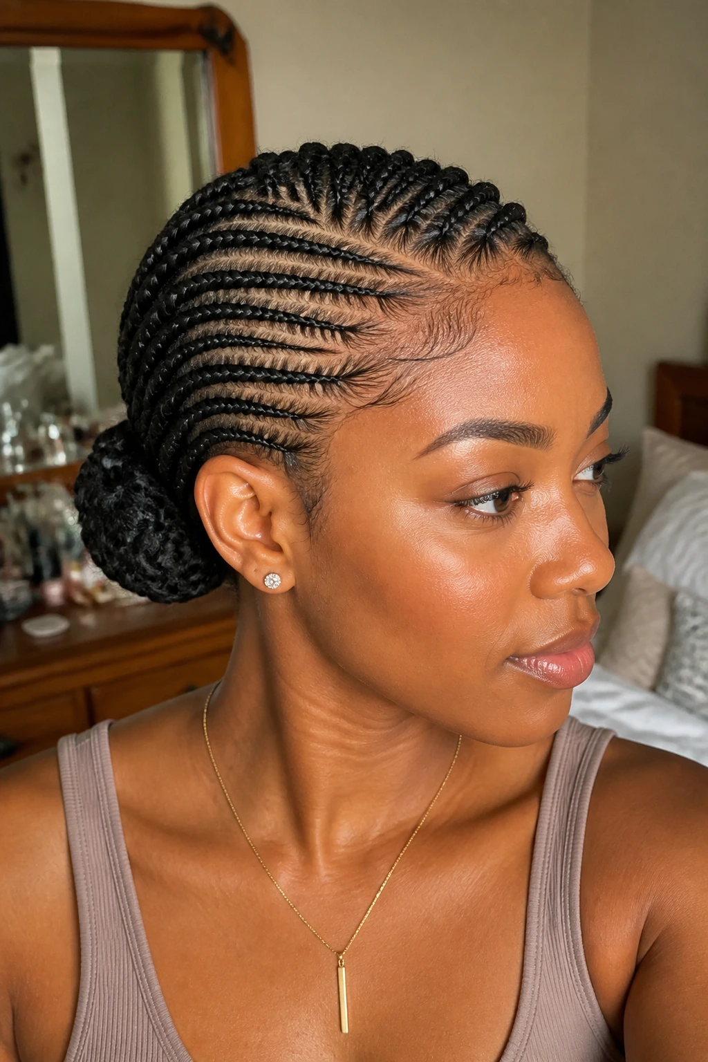Real woman with clean parts and tiny tucked ends in a side bun