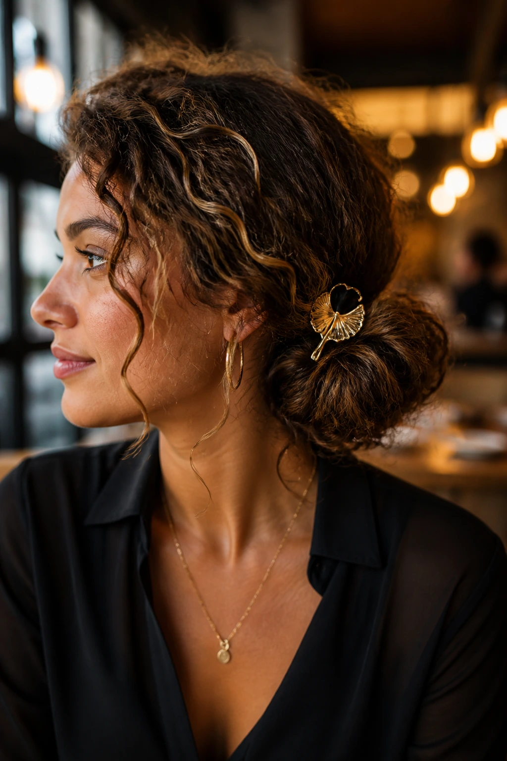 Close-up portrait of a real woman with a side bun and bold clip.