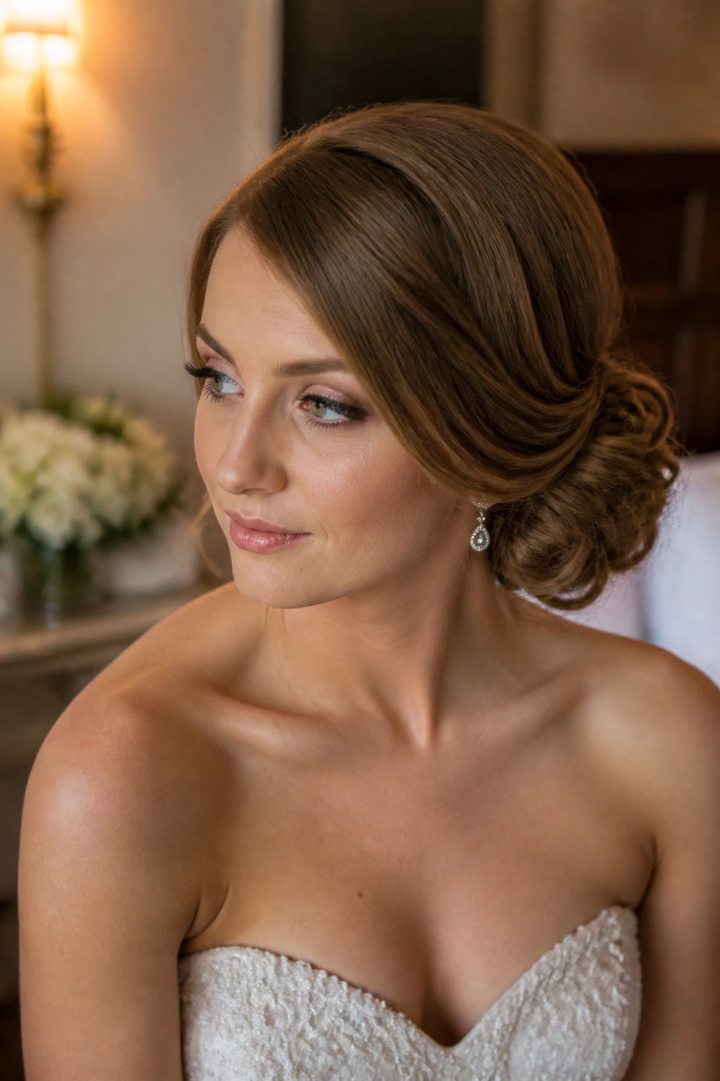 Three-quarter view of a real woman with a deep-part side bun hairstyle