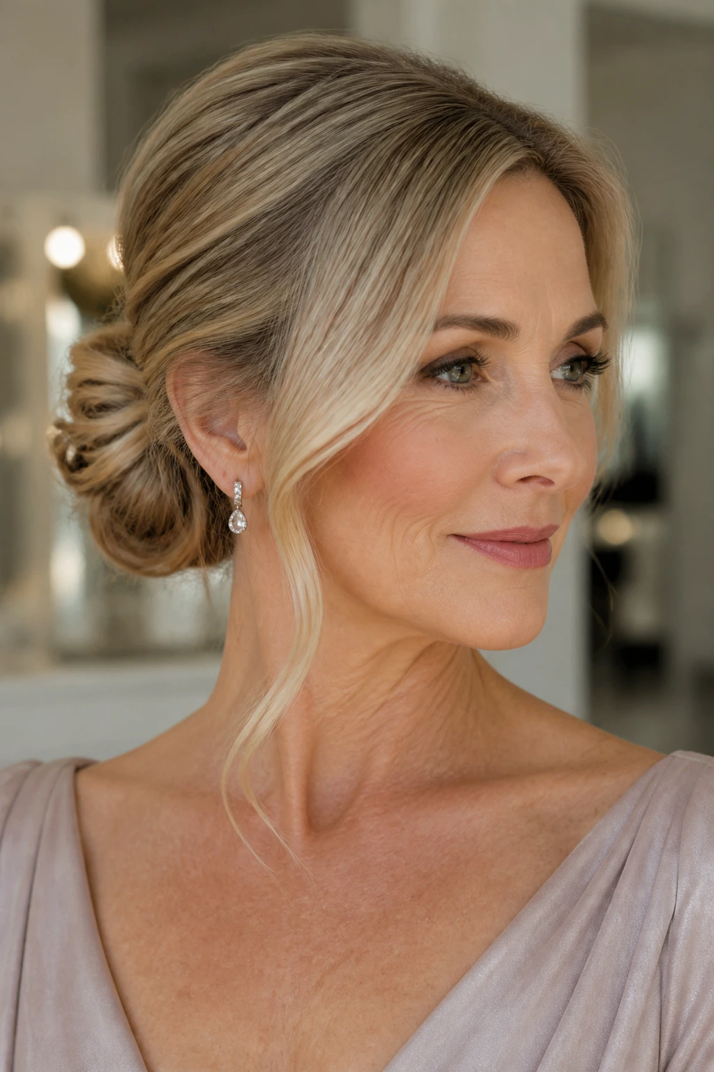 Close-up of a woman with a side bun and long face-framing wave