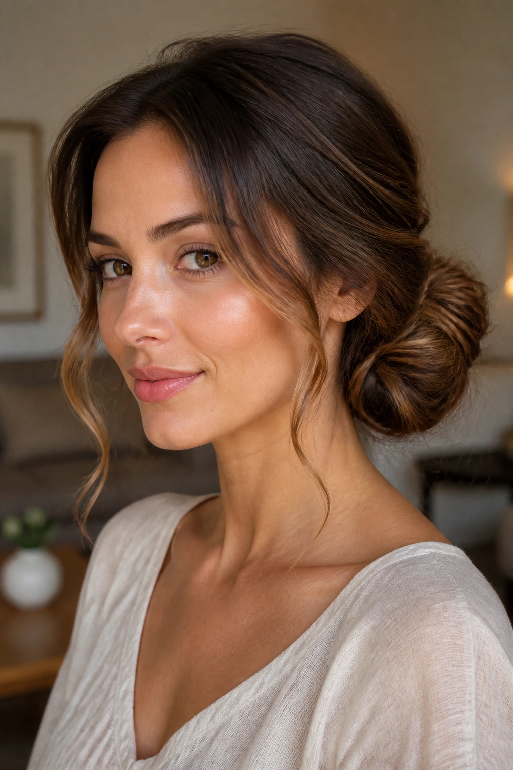 Real woman wearing a side bun with loose tendrils.