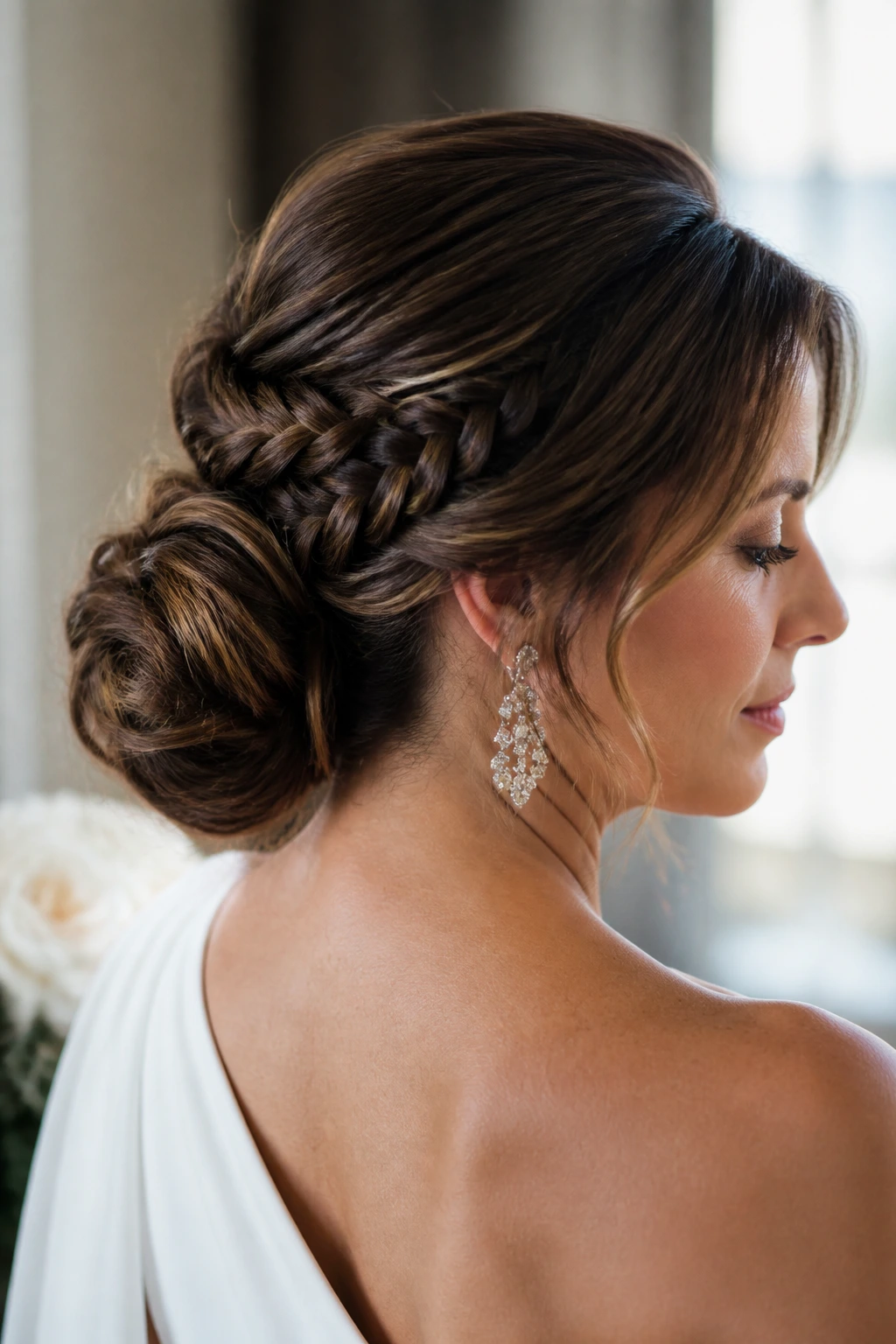 Close-up of real woman with side bun and hidden braid under top layer