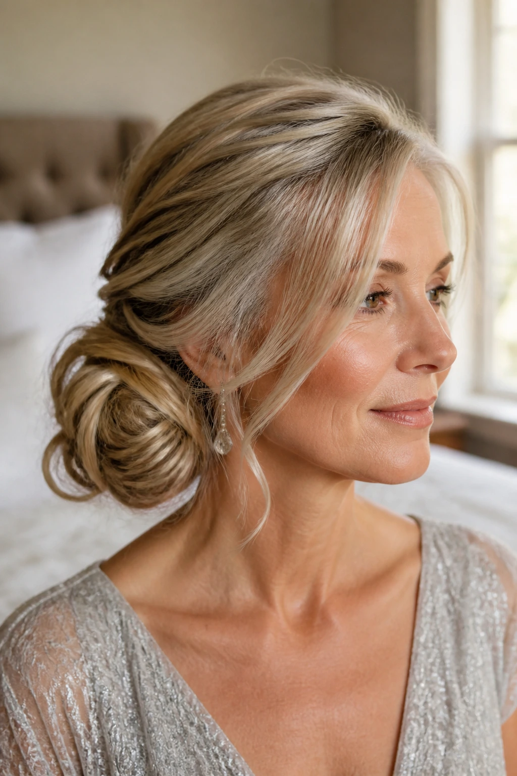 Close-up of a real woman with an elegant side bun and loose ends in soft window light