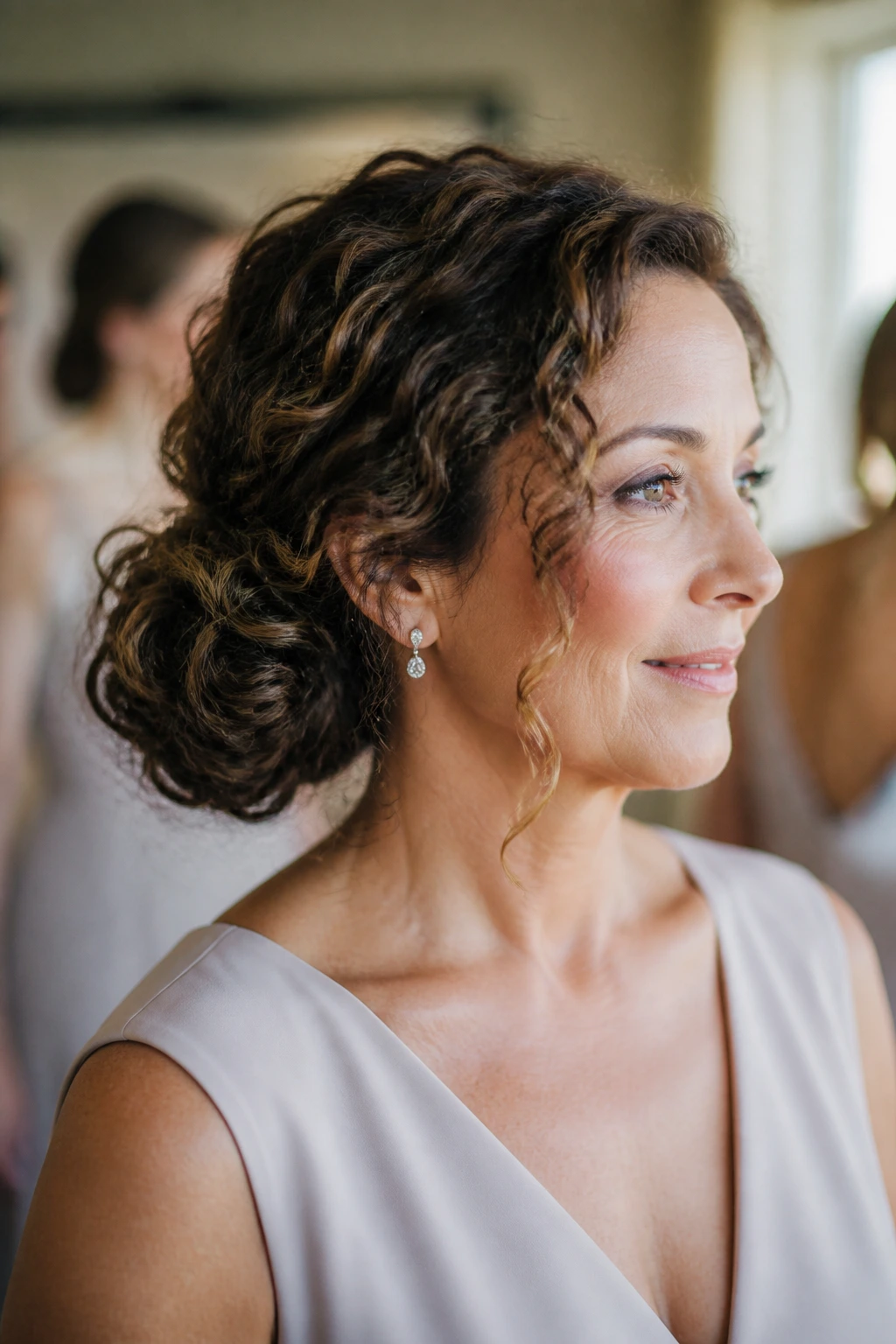 Close-up of a real woman with a side bun and tendrils in a dressing room