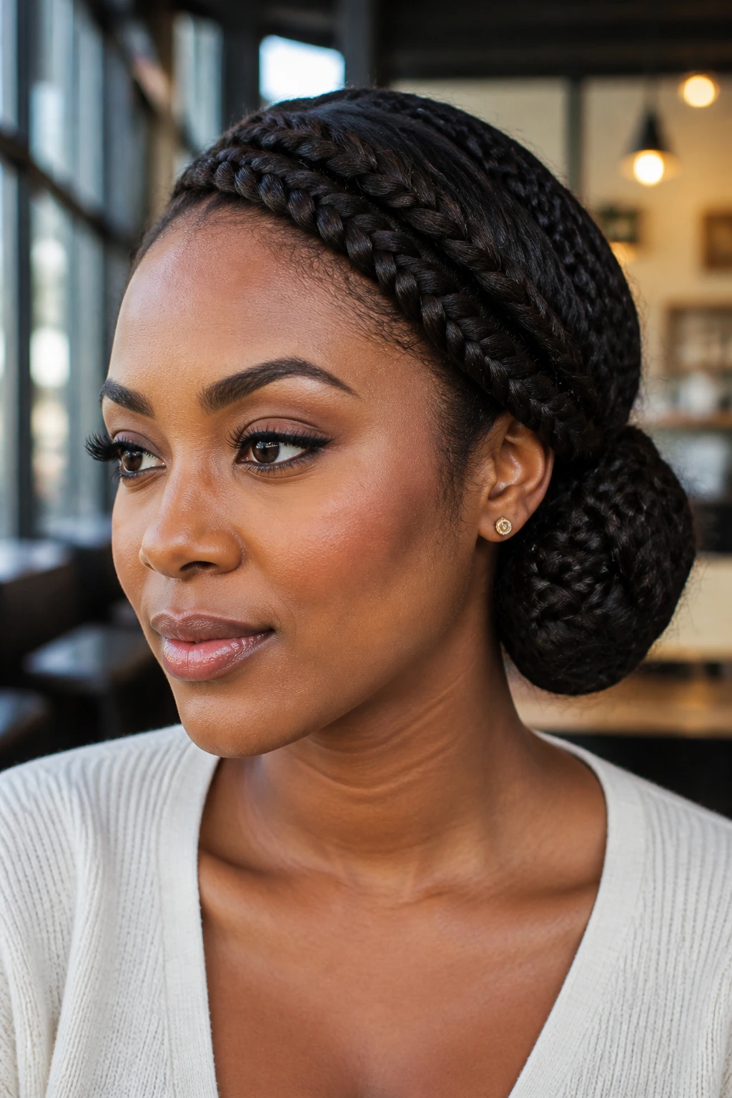 Close-up of a real woman with a braid sweep into a side chignon behind the ear.
