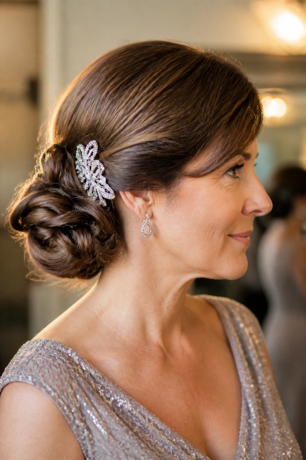 Close-up of a woman with side chignon and decorative comb.