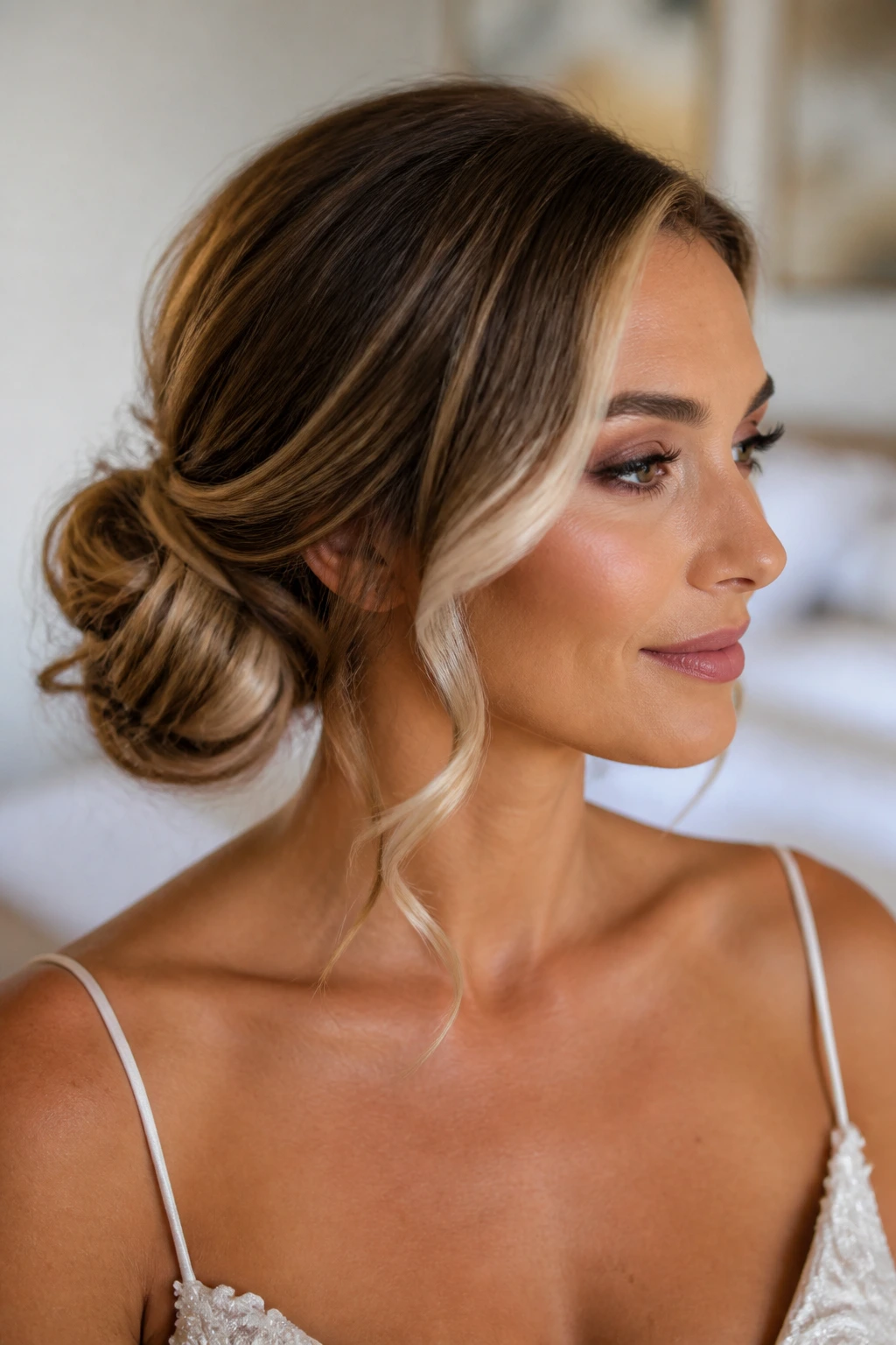 Close-up of a real bride with a side chignon and dropped waves