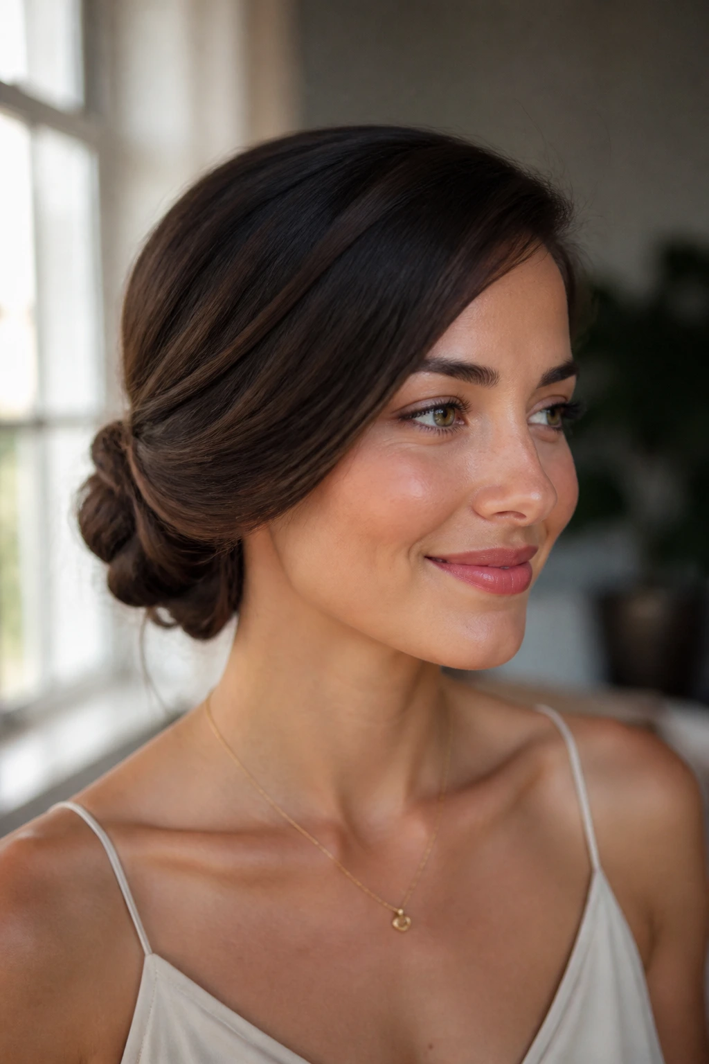Real woman with a pinned side chignon, looking elegant