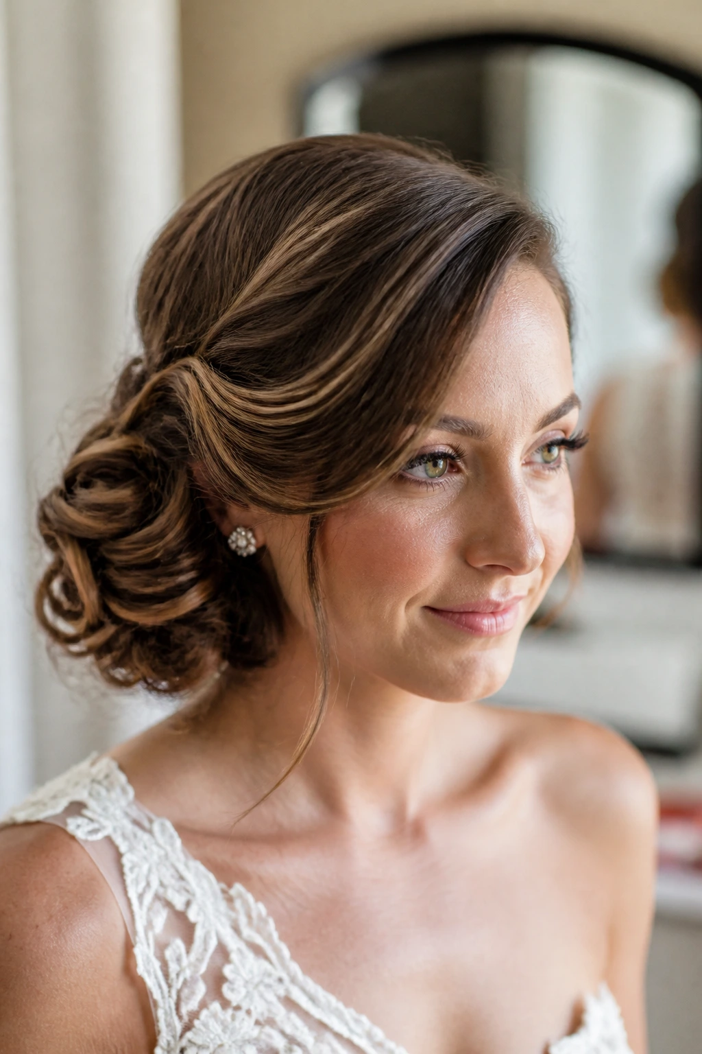 Bride with side chignon and sweep-over front hairstyle