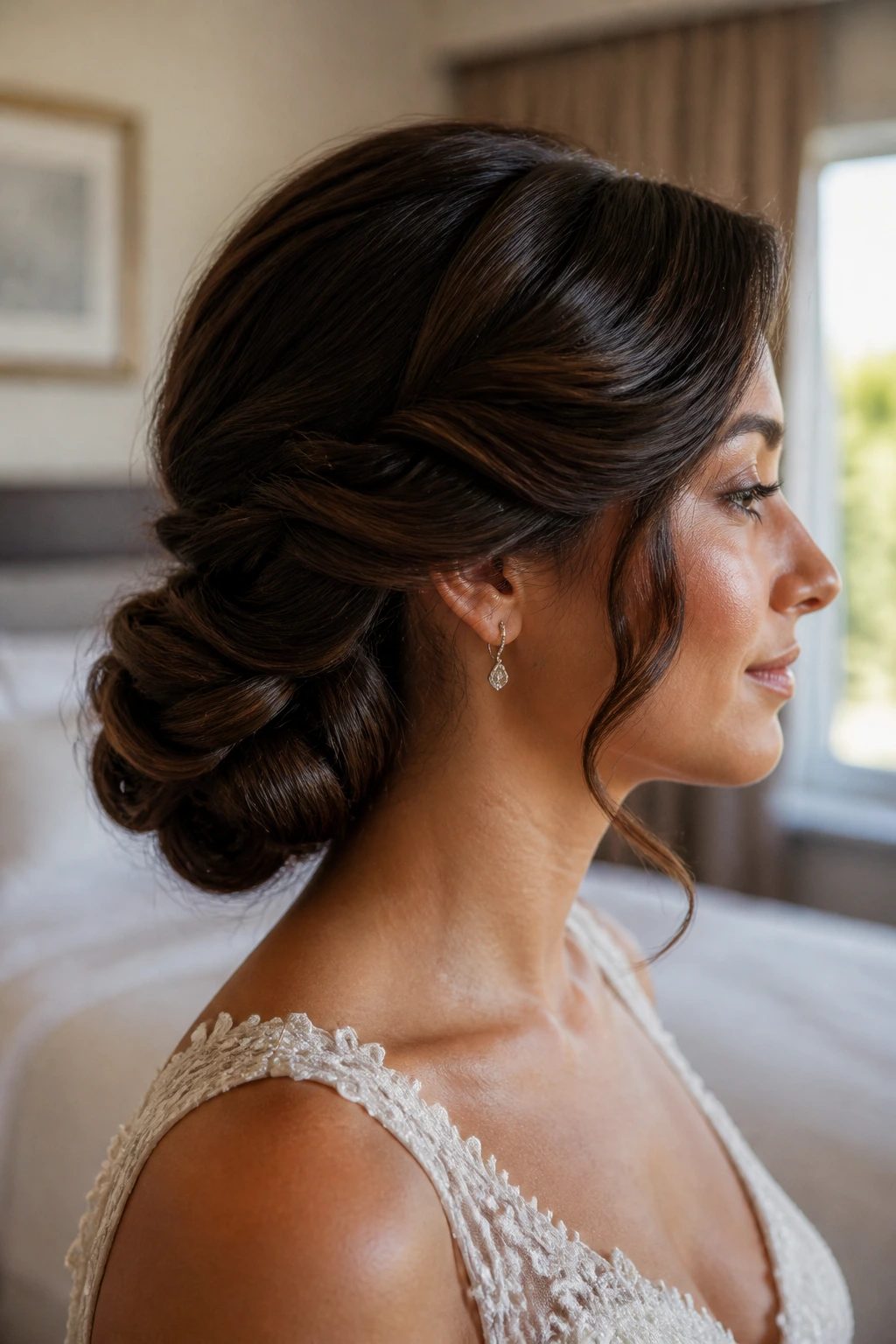 Close-up side profile of real bride with side chignon and deep wave.