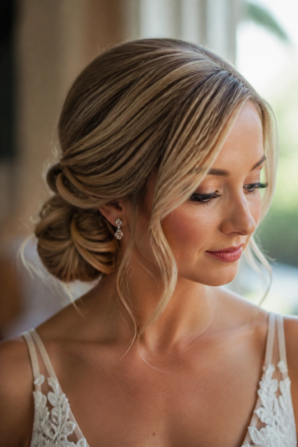 Close-up of a real bride showing a side chignon with wispy tendrils