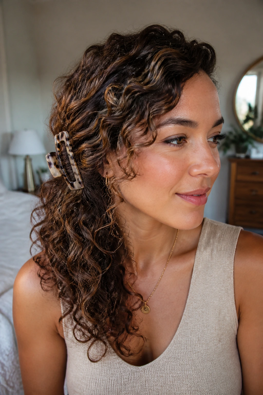 Close-up of side clip cascade hairstyle on a real woman with curly hair and lowlights