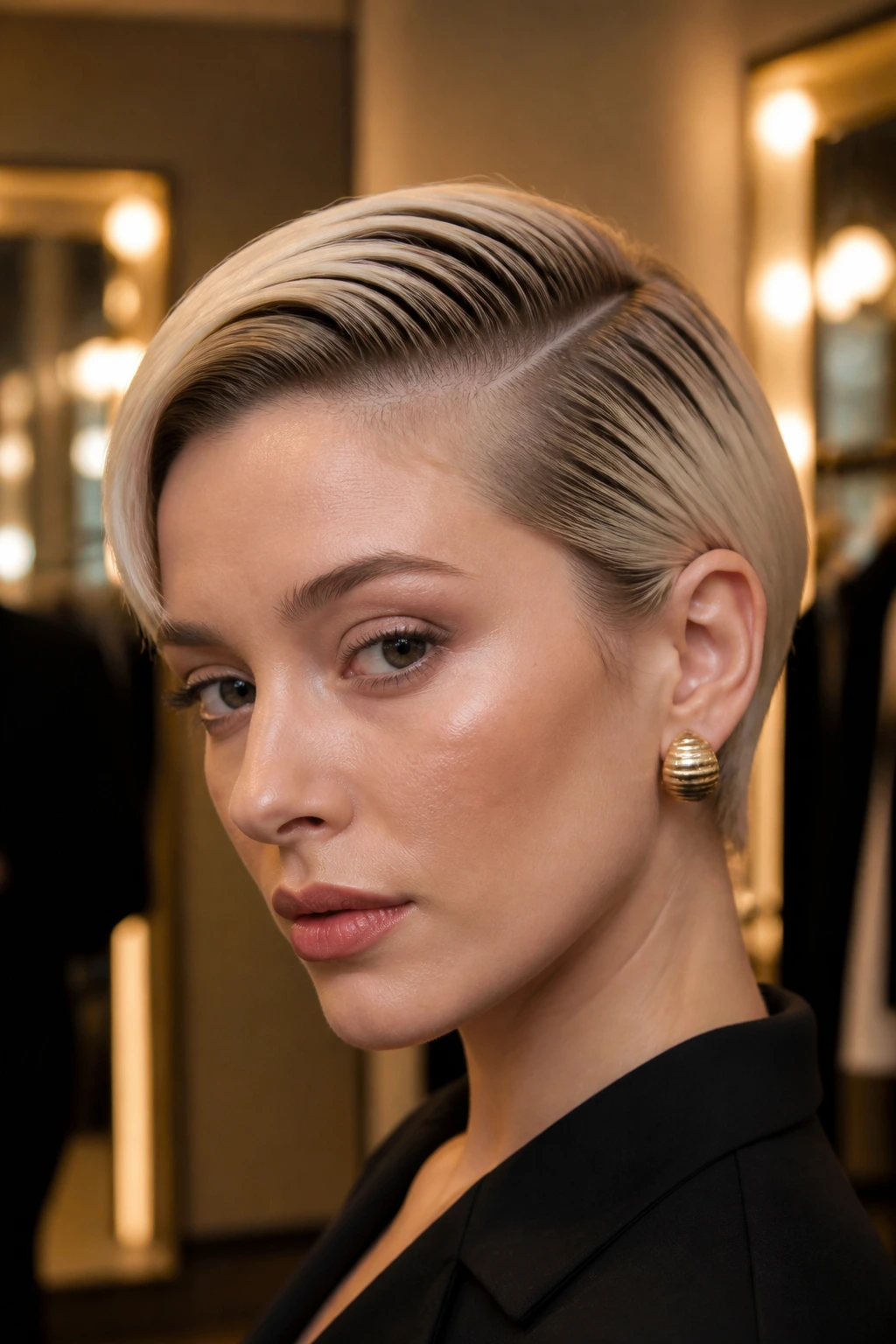 Portrait of a real person showing a side-combed flat wave in a boutique setting.
