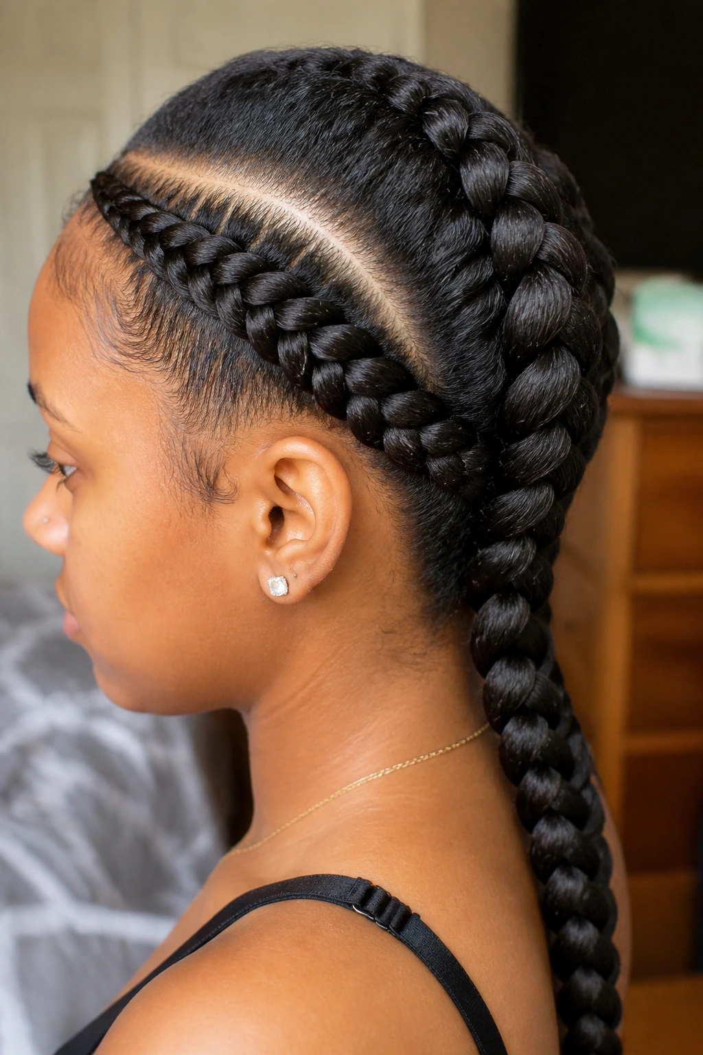 Two side corner braids feeding into one thick Dutch braid on a real person.