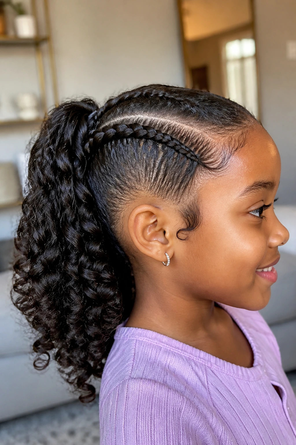 Real girl with side cornrow leading to curly ponytail in warm home light